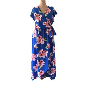 Scobe Blue and Pink Floral Print Wrap Dress